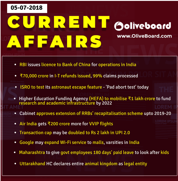 CURRENT AFFAIRS – 05th July 2018 | DAILY GK