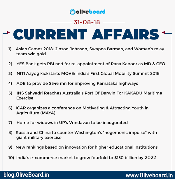 Current Affairs 31 August 2018