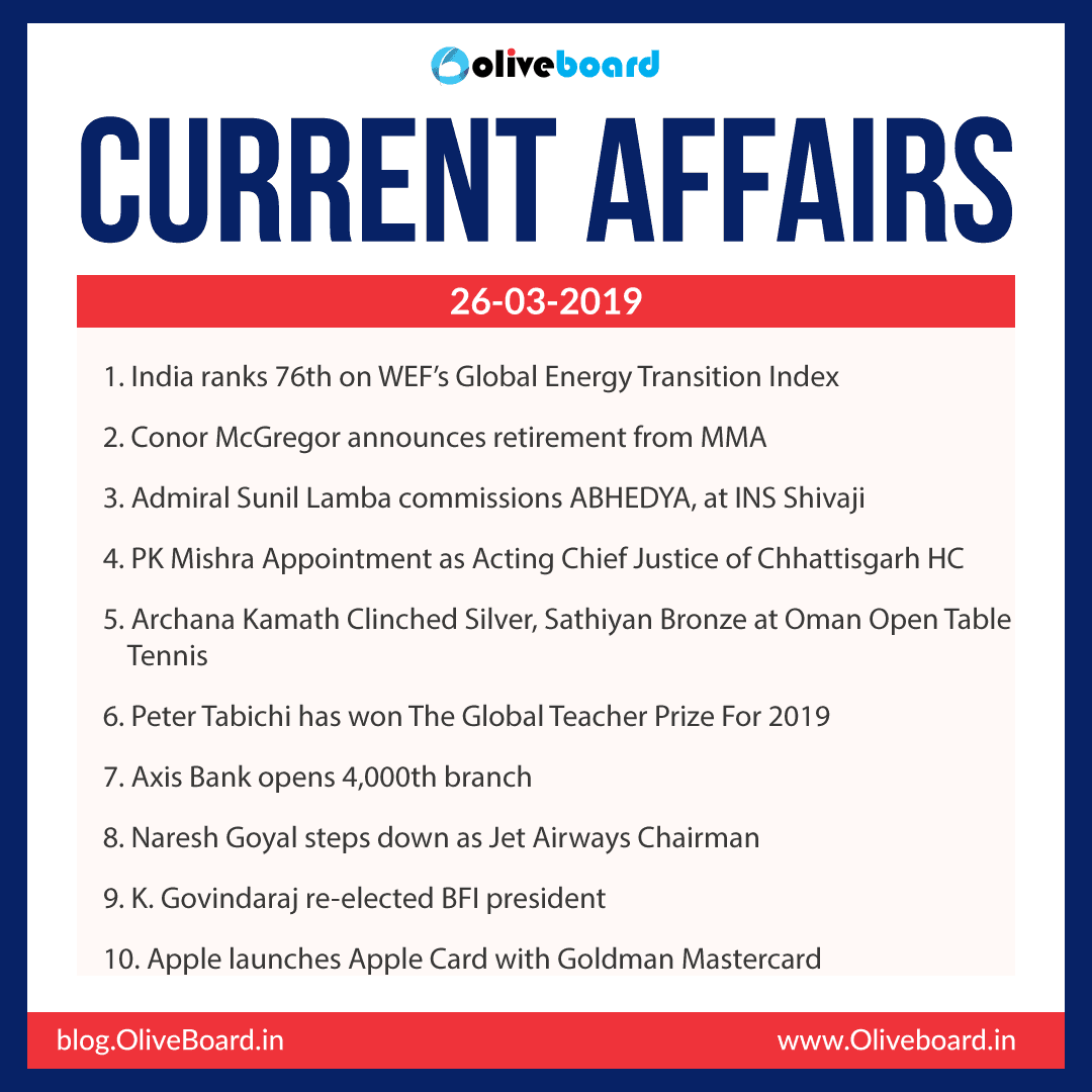 Current Affairs: 26 March 2019