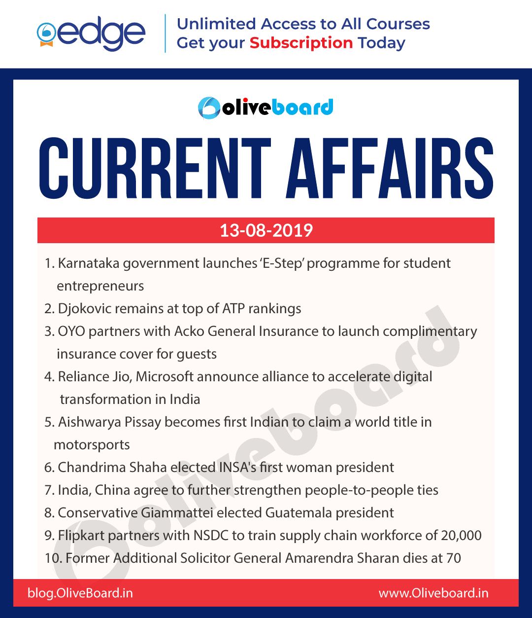 Current Affairs 13 Aug 2019