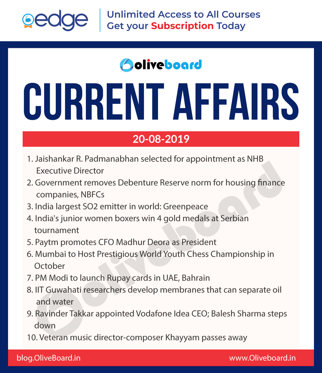 Current Affairs 20 Aug 2019