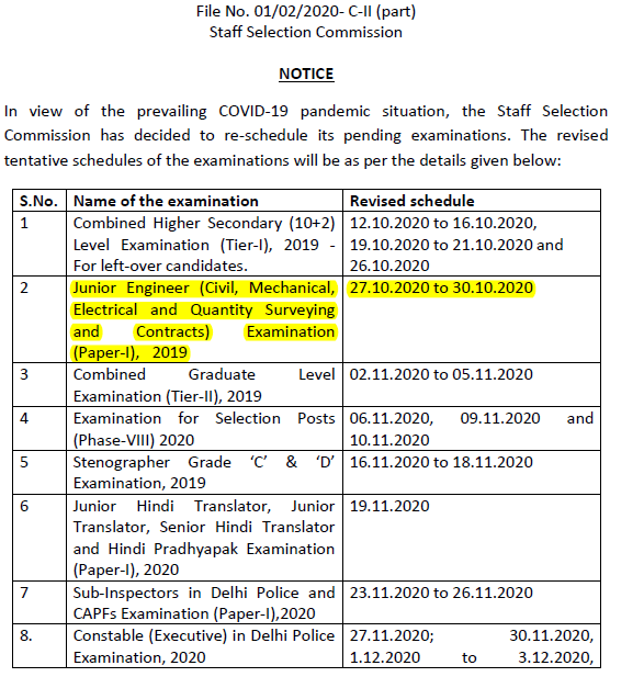 SSC JE new exam dates