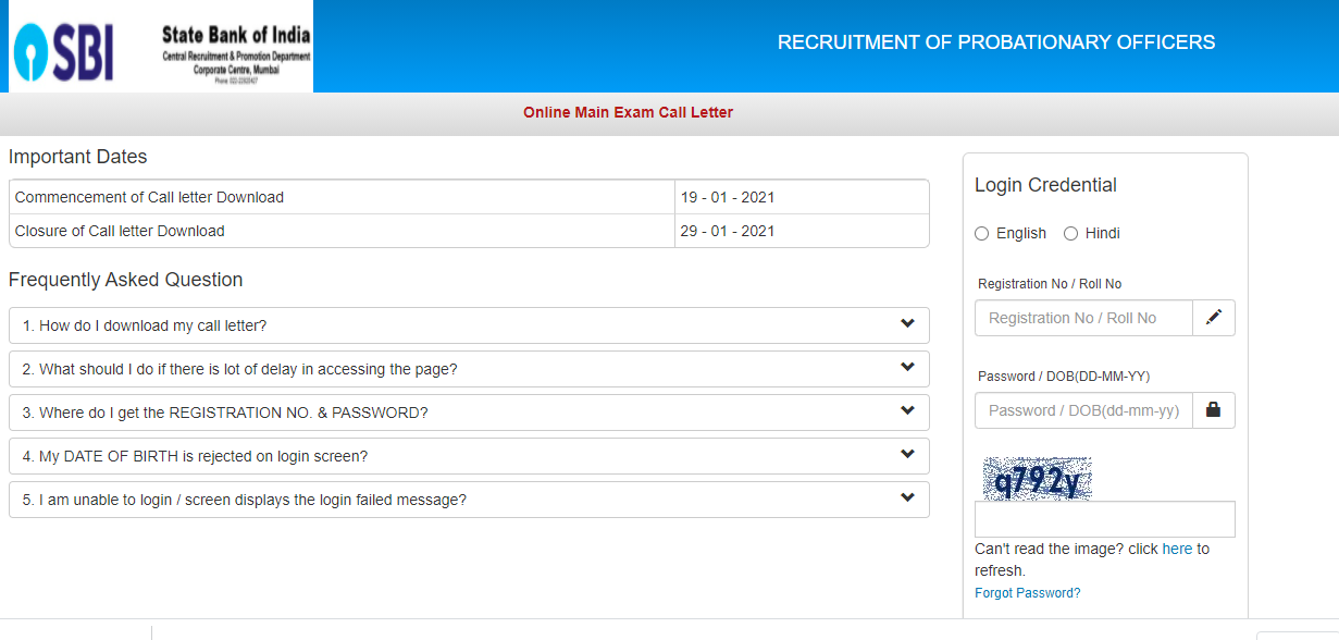SBI PO Admit Card