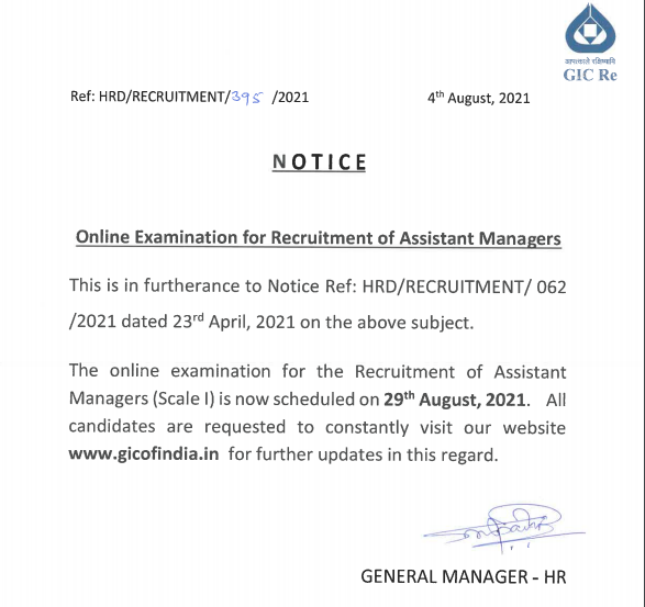 GIC Assistant Manager Exam Date 2021 