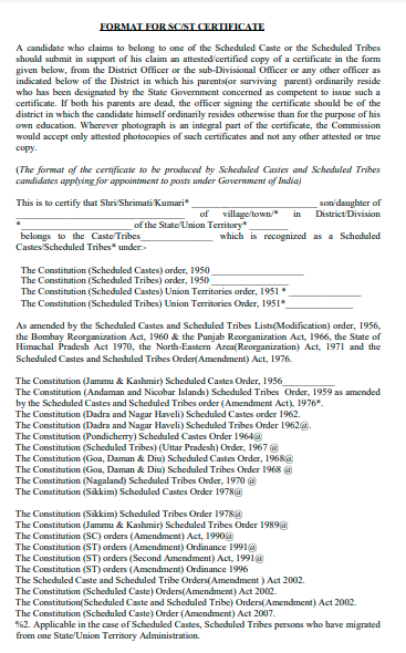 SSC CGL SC/ST Certificate