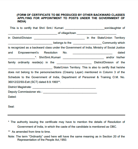 SSC CGL OBC Certificate Format