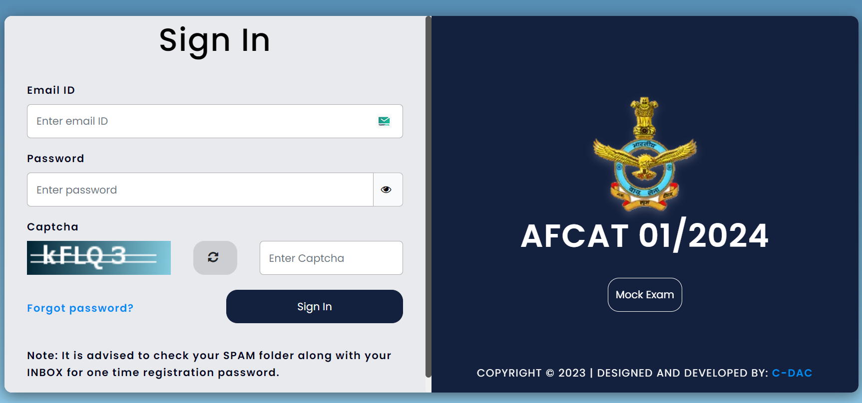 AFCAT Admit card 2024 Login Page