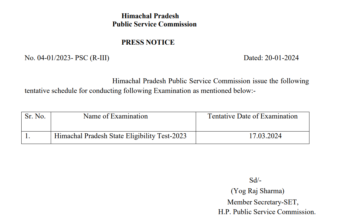 HP SET Exam Date 2024