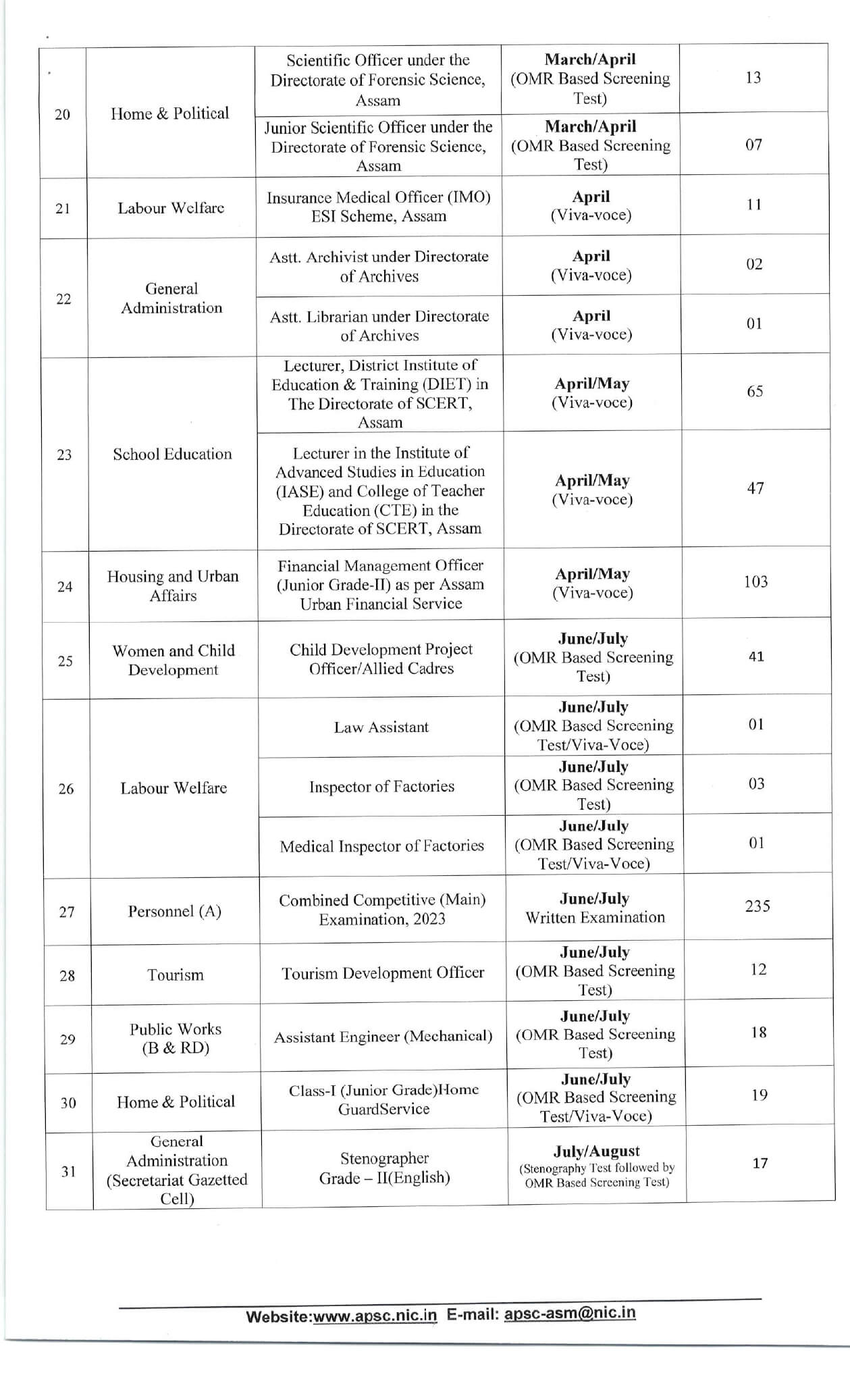 Assam PSC Exam Calendar 2024