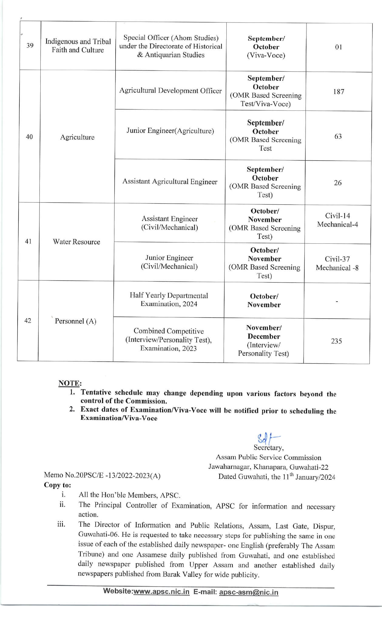 Assam PSC Exam Calendar 2024