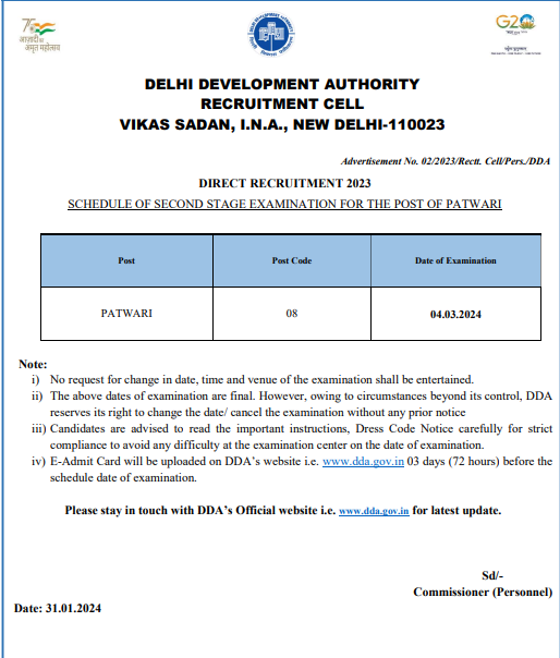 DDA Stage 2 Exam Date 2024 official Notice