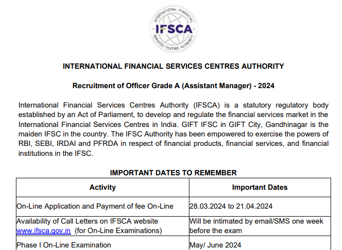 IFSCA Grade A Notification 2024