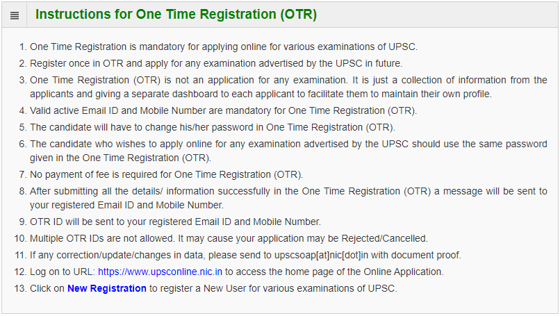 UPSC OTR Registration Process