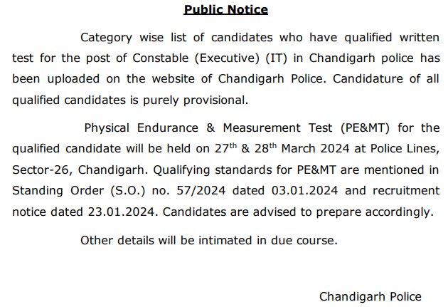 Chandigarh Police IT Constable PE&MT Date