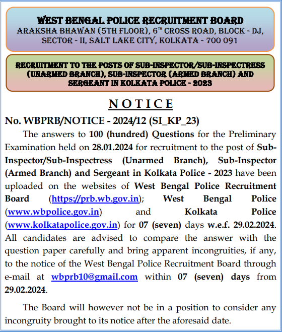 Kolkata Police SI Answer Key 2024 Notice