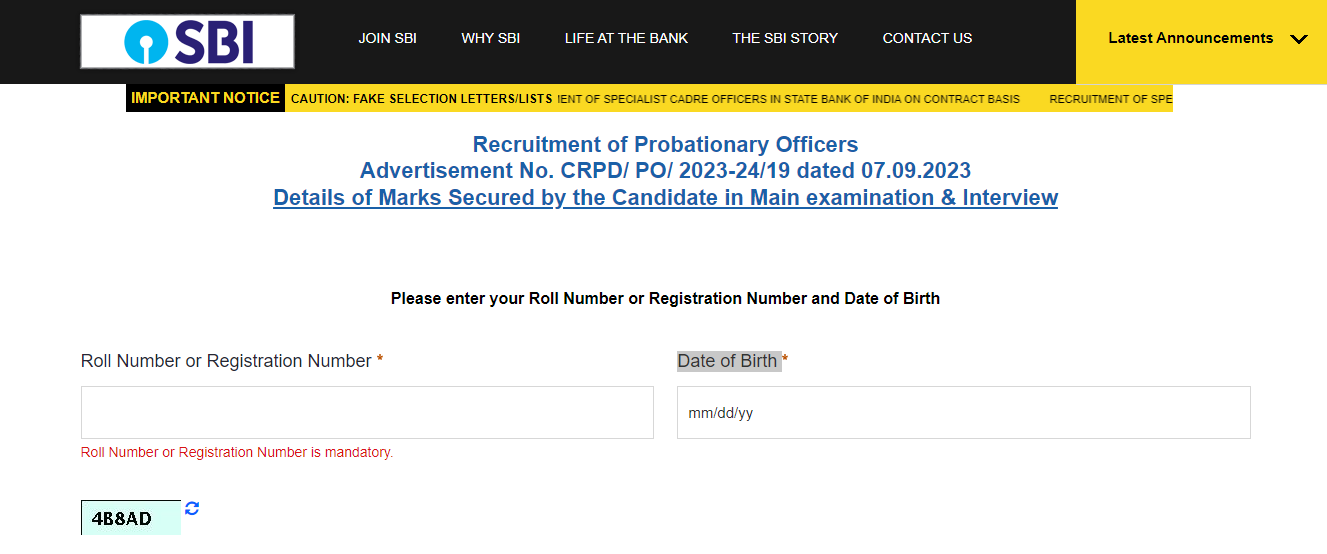 SBI PO Final Score Card 2024 Login Page