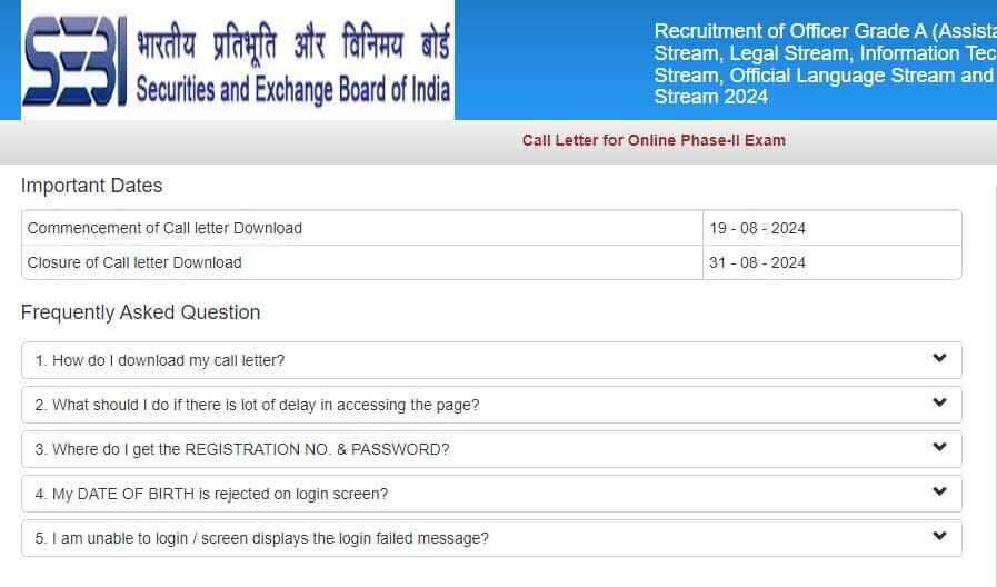 SEBI Grade A Admit Card