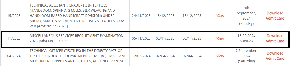 WBPSC Miscellaneous Admit Card 2024