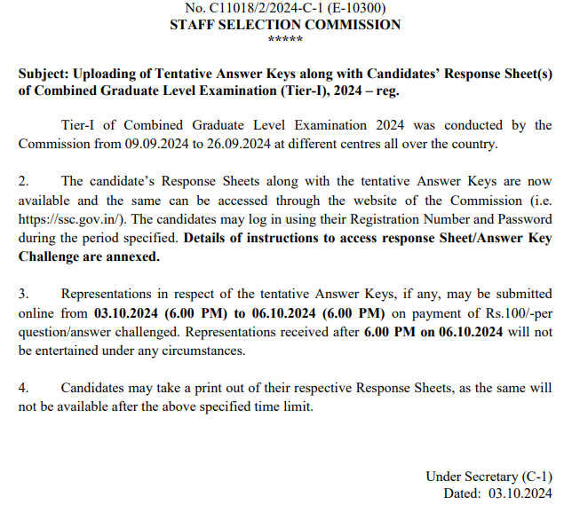 SSC CGL Tier 1 Answer Key 2024 Out, Response Sheet PDF