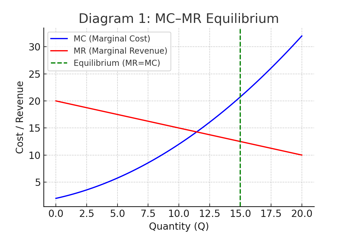 Microeconomics graph showing MR curve intersecting U-shaped MC curve at equilibrium (MR = MC)