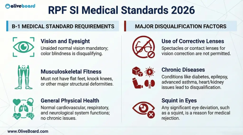 RPF SI medical standards showing disqualification factors and requirements