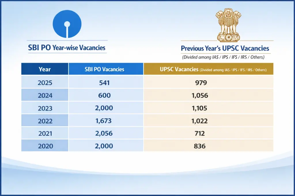 a comparison table between UPSC and SBI PO last 5 years' vacancy